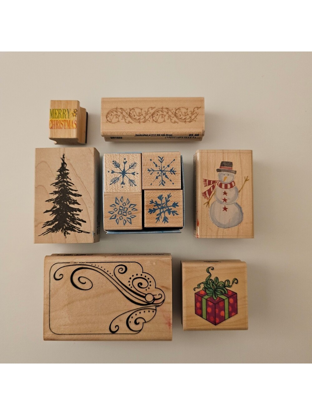 Lot of 10 Rubber Wood Mounted Stamps Christmas Winter Snowflakes Gift Tag